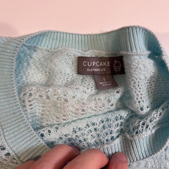 y2k turquoise mint green crochet knit eyelet pointelle 3/4 sleeve top coquette - Picture 8 of 9